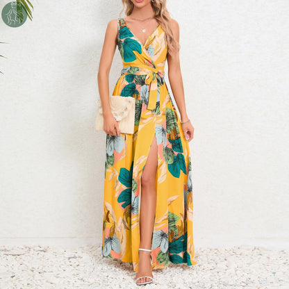 V-neck Floral Print Long Dress Summer Fashion Waist Tie Slit Design Sleeveless Dress For Womens Clothing - Eloy Royal