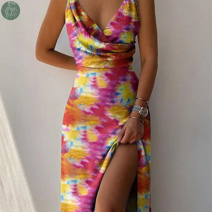 V-neck Slip Dress Low Cut Printed Slit Dress - Eloy Royal