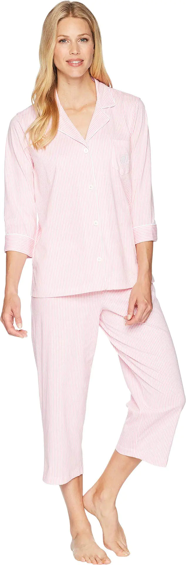 Lauren Ralph Lauren Essentials Bingham Knits Capri PJ Set Pink/White Stripe XL (US 16-18)