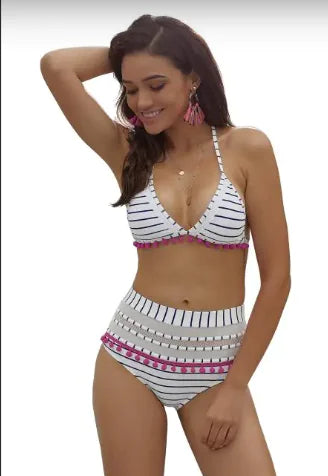 Blue White Striped Pom Pom Bikini - Eloy Royal