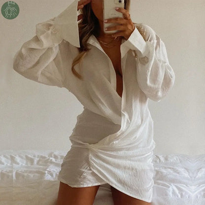 White Long-sleeved V-neck Shirt Sexy INS Fashion Linen Short Dress For Women - Eloy Royal