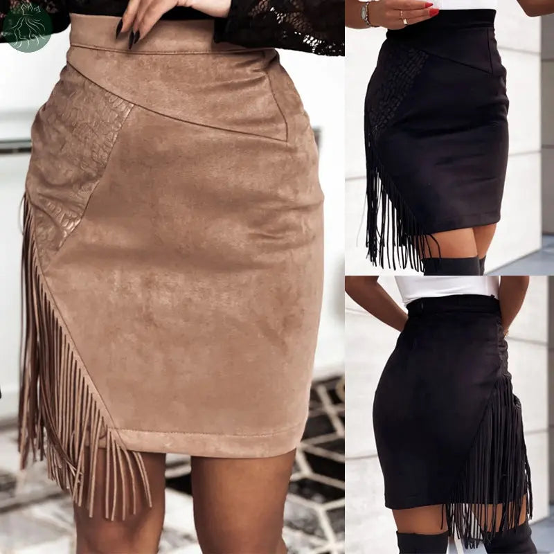 Women's Fringed Skirt Sexy Irregular High Waist Hip-Hugging Skirt Fashion Suede Short Dress - Eloy Royal