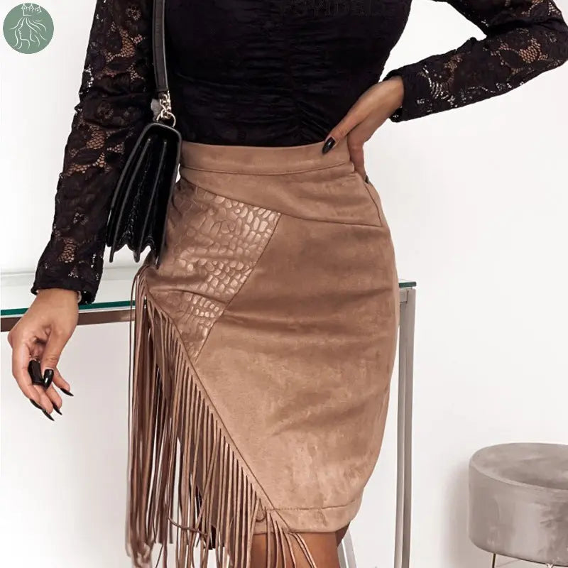 Women's Fringed Skirt Sexy Irregular High Waist Hip-Hugging Skirt Fashion Suede Short Dress - Eloy Royal