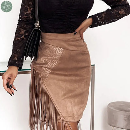 Women's Fringed Skirt Sexy Irregular High Waist Hip-Hugging Skirt Fashion Suede Short Dress - Eloy Royal