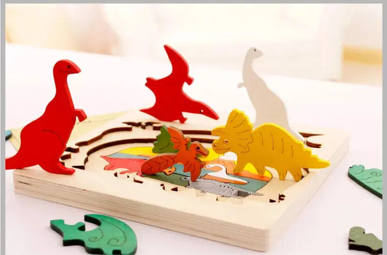 Wooden multi-dimensional storyteller puzzle jigsaw cube 3 layers Story Cartoon Dinosaur Animal Early Educational Montessori Toys - Eloy Royal