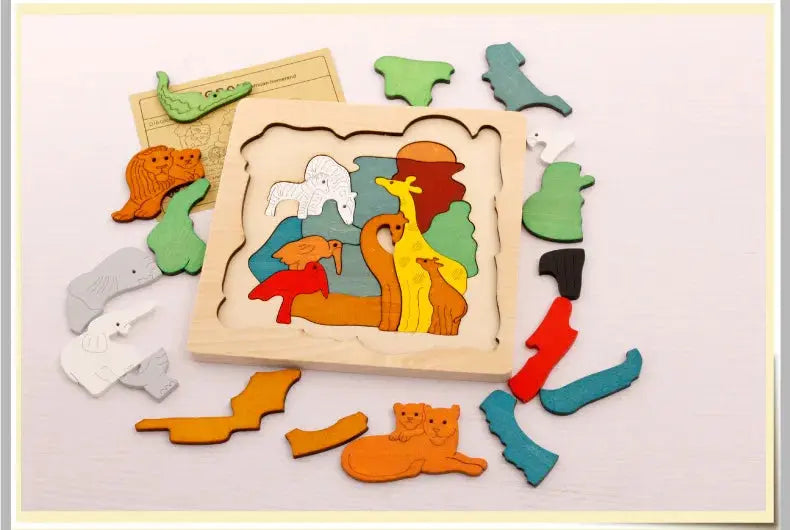 Wooden multi-dimensional storyteller puzzle jigsaw cube 3 layers Story Cartoon Dinosaur Animal Early Educational Montessori Toys - Eloy Royal