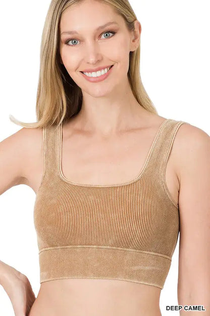 WASHED RIBBED SQUARE NECK CROPPED TANK TOP