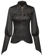 Womens Fashion Shirt Elegant Vintage Gem Brooch Ruffled Long Sleeve Blouse Black Black Small