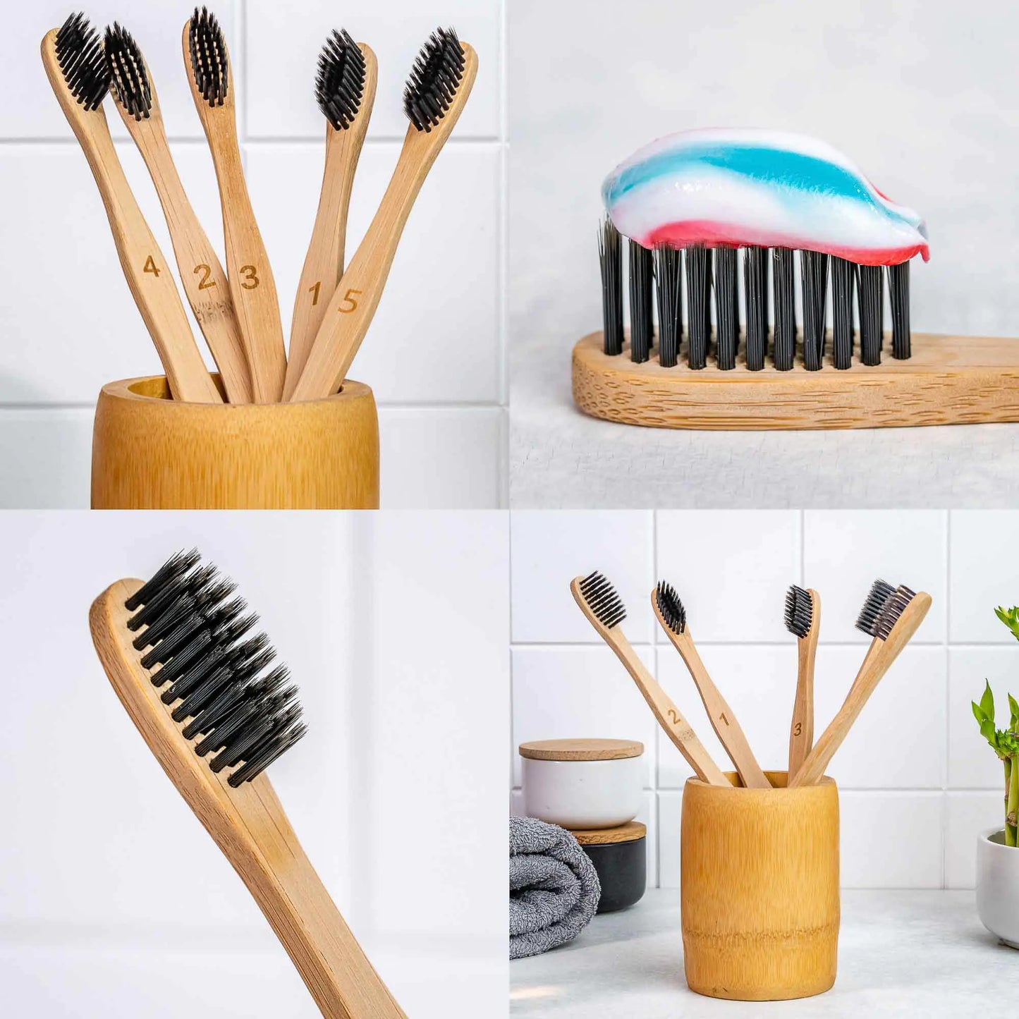 Bamboo Toothbrush Set 5-Pack - Bamboo Toothbrushes with Medium Bristles for Adults - Eco-Friendly, Biodegradable, Natural Wooden Toothbrushes with Black Charcoal Bristles