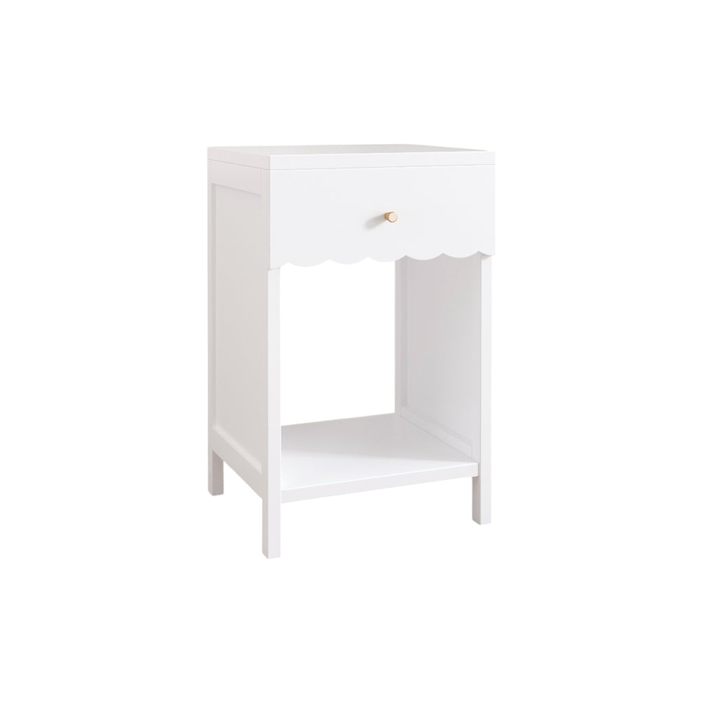 Modern White Nightstand with Drawer and Open Shelf, Scalloped Edge Bedside Table for Bedroom, Cute Minimalist Side Table for Kids Room or Girls' Room