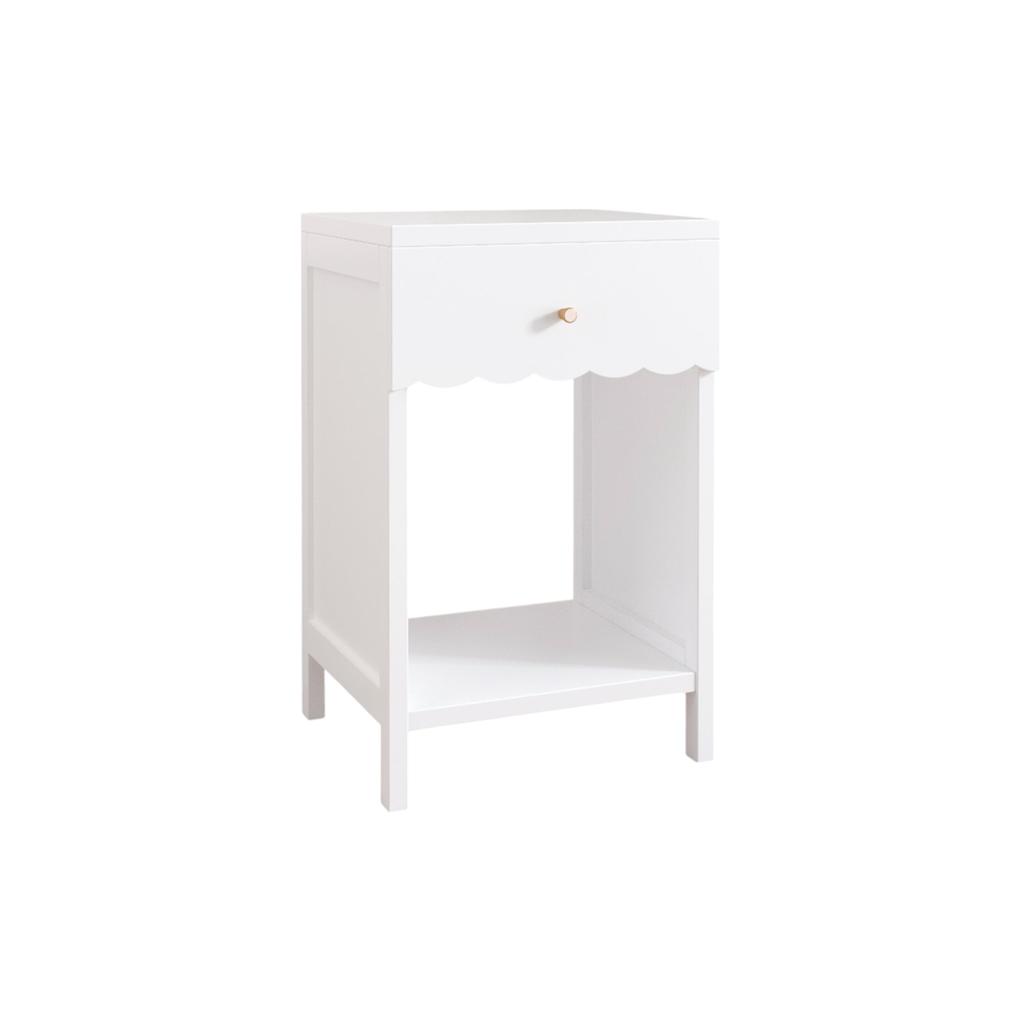 Modern White Nightstand with Drawer and Open Shelf, Scalloped Edge Bedside Table for Bedroom, Cute Minimalist Side Table for Kids Room or Girls' Room