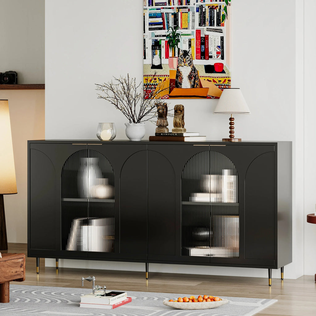Accent Cabinet Black Lacquered Wooden Cabinet with 4 Glass Doors Sideboard Buffet Server Cabinet Storage Cabinet, for Living Room, Entryway, Hallway, Office, Kitchen and Dining Room - Eloy Royal
