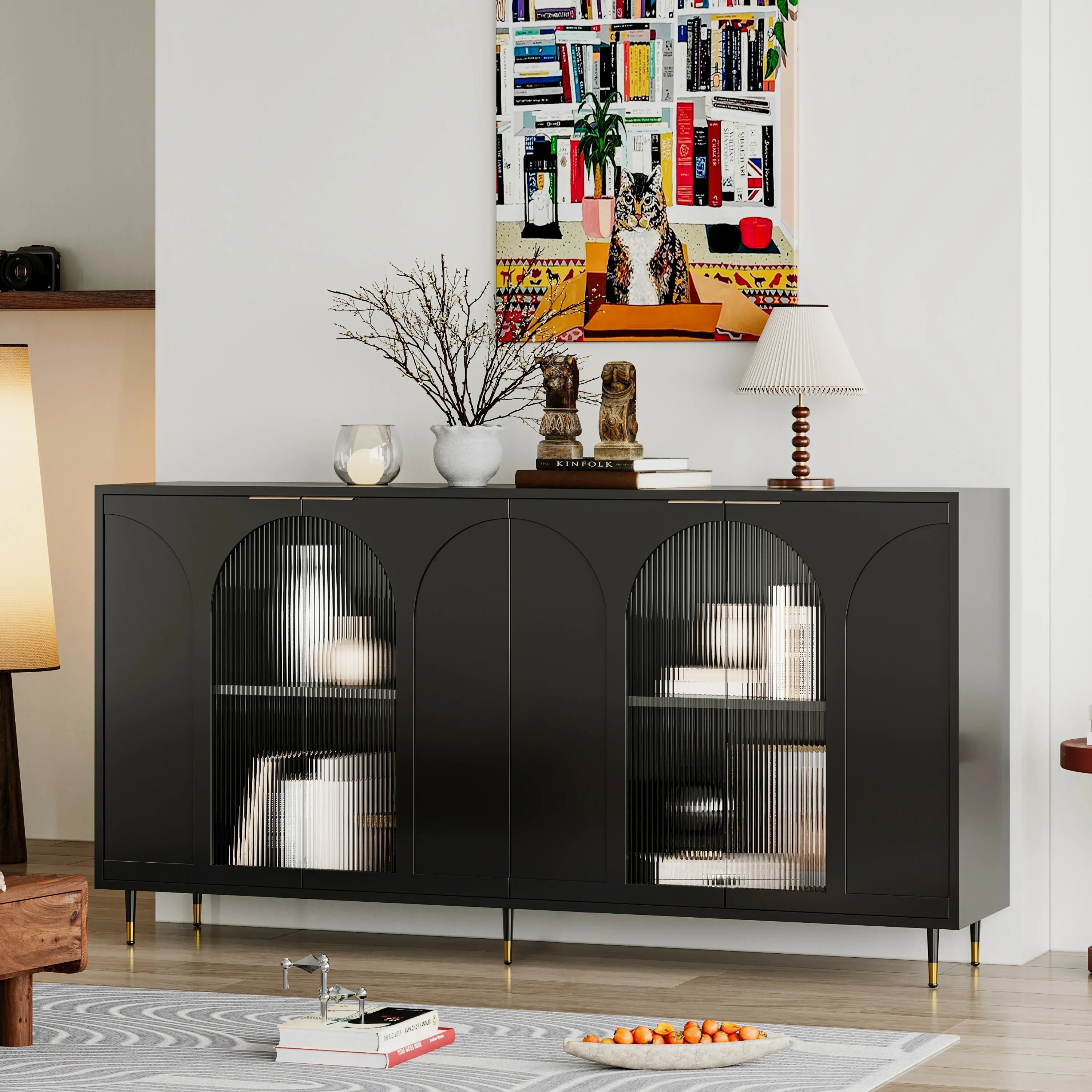 Accent Cabinet Black Lacquered Wooden Cabinet with 4 Glass Doors Sideboard Buffet Server Cabinet Storage Cabinet, for Living Room, Entryway, Hallway, Office, Kitchen and Dining Room - Eloy Royal