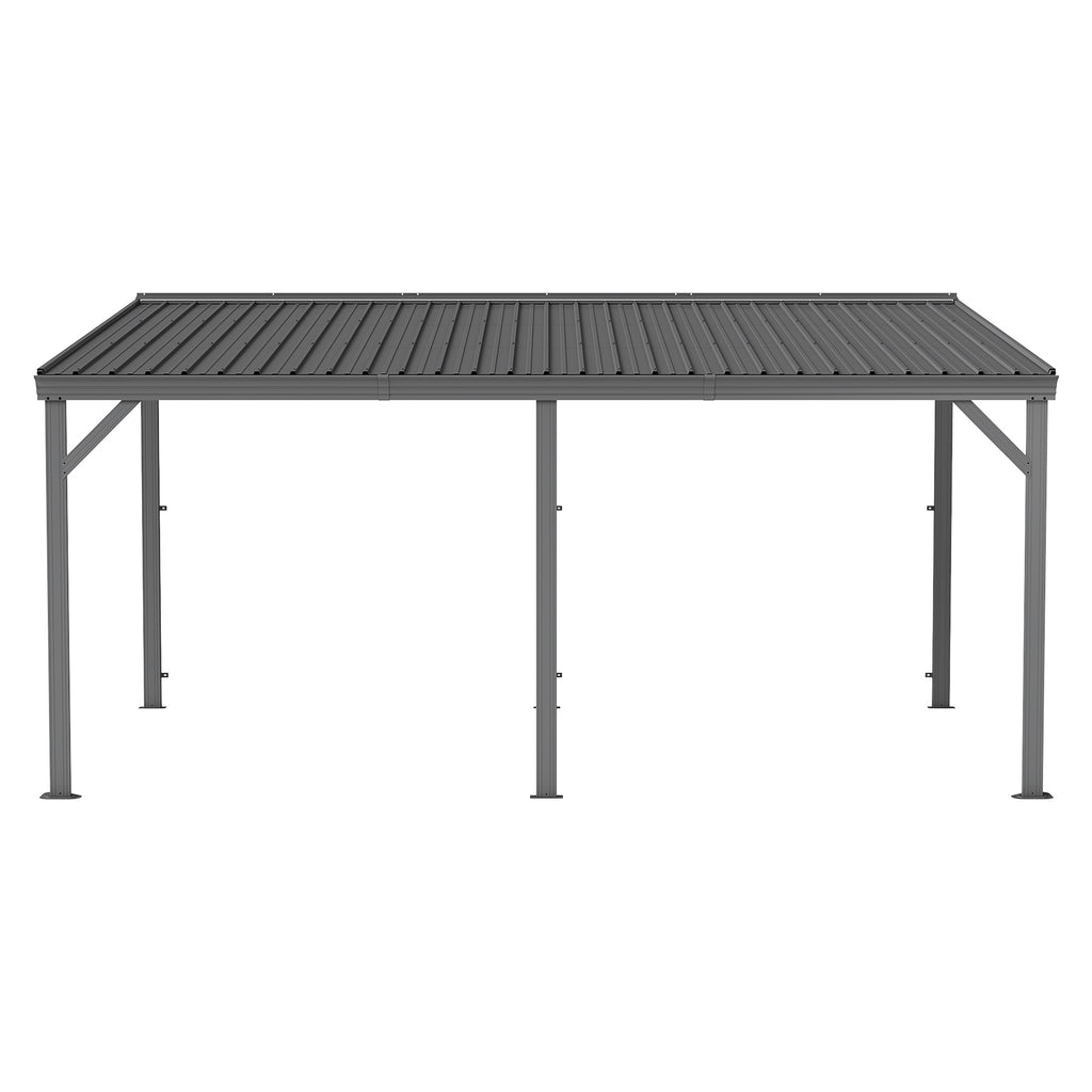 10'x16' Hardtop Wall Mounted Gazebo, Expandable Lean to Gazebo Pergola with Gutters & Galvanized Steel Roof, 60MPH Wind Resistance Outdoor Heavy Duty Canopy Sun Shade for Patio, Backyard - Grey