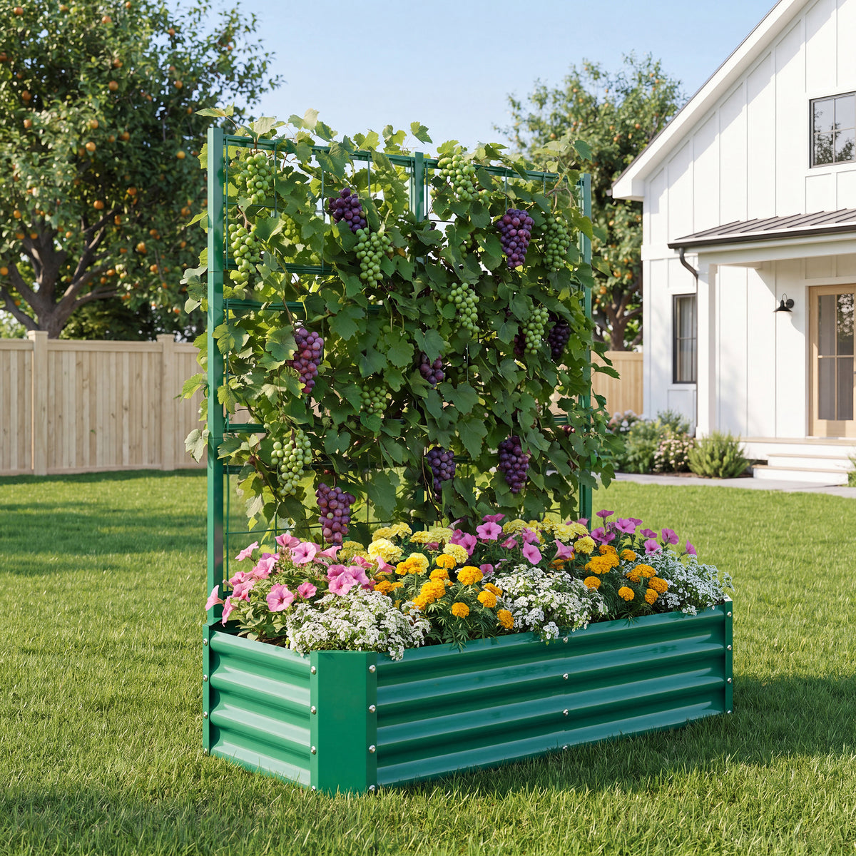 4x2x1FT Galvanized Raised Garden Bed with Arch Trellis for Climbing Vegetables Tomato Cucumber Bean, Heavy Duty Metal Raised Garden Bed Outdoor, Green