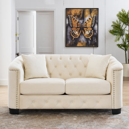59-Inch Modern Chesterfield Velvet Sofa, 2-Seater Sofa, Upholstered Tufted Backrests with Nailhead Arms and 2 Cushions for Living Room, Bedroom, Apartment, Office (Beige)