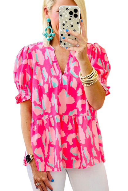 Rose Plus Size Abstract Print Puff Sleeve V Neck Blouse - Eloy Royal