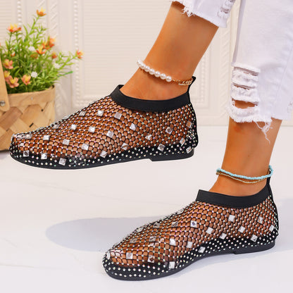 Fashion Mesh Flat Sandals With Colorful Rhinestone Design Summer New Round Toe Beach Shoes For Women - Eloy Royal