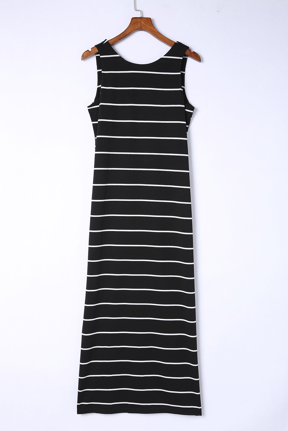 Black Stripe Print Open Back Sleeveless Maxi Dress With Slits - Eloy Royal