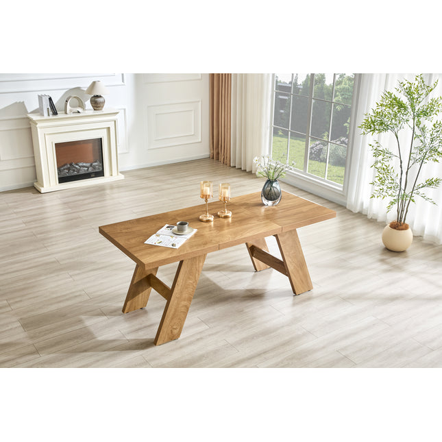 71×31.5inches Light Wood Grain MDF Splicing Rectangular Dining Table.Double-panel outward-sloping table legs.Modern dining table for home use. Accommodates 6-8 people,versatile for multiple scenarios.