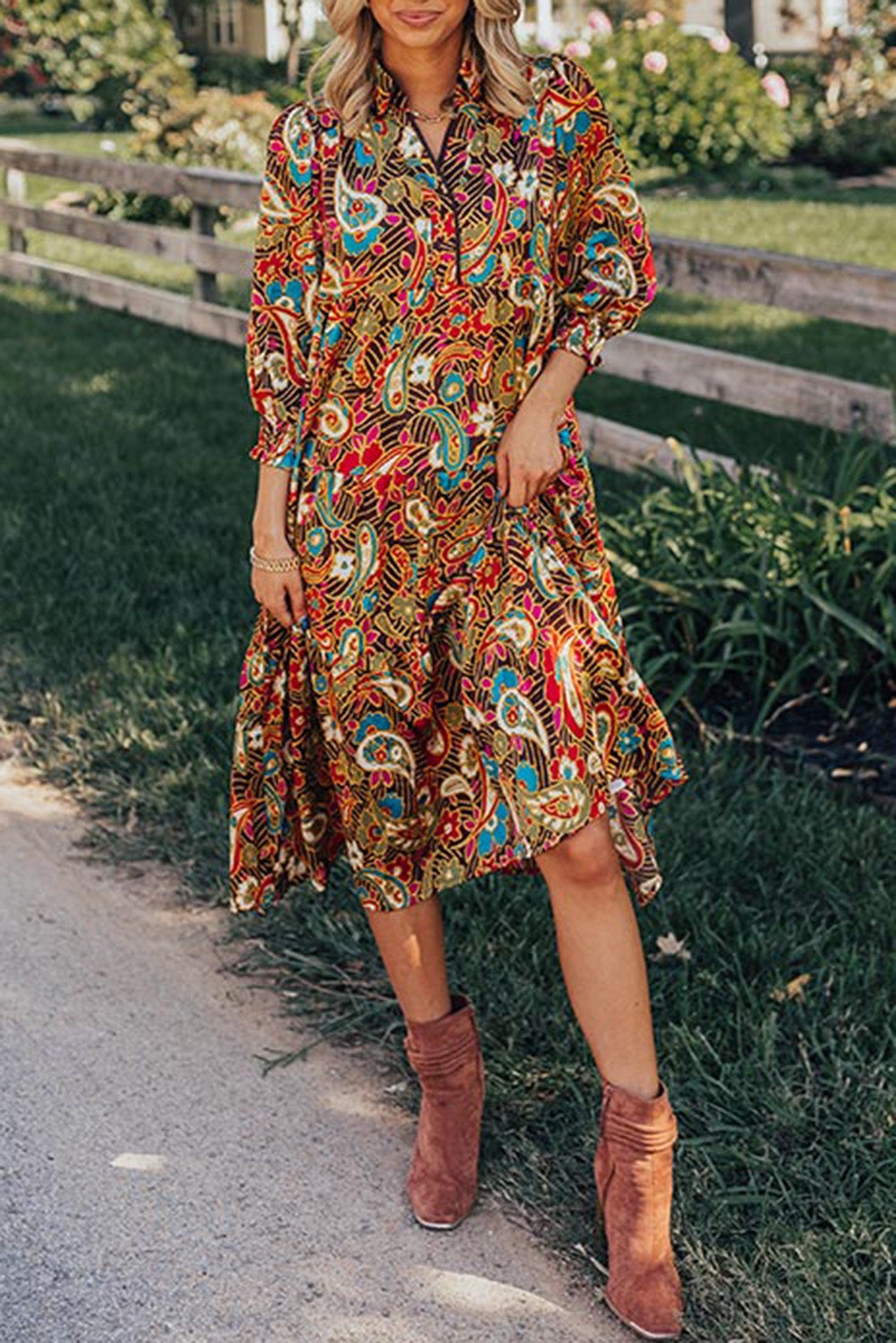 Yellow Paisley Abstract Print Collared 3/4 Sleeve Midi Dress - Eloy Royal