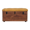 Solid Wood Buffalo Hide Honey Caramel Storage Trunk, Leather Upholstered, Yellow and Brown