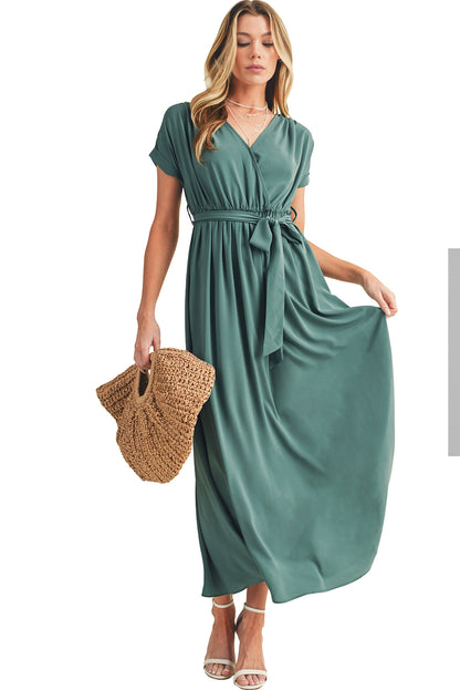 Wholesale Green Wrap V Neck Belted Pleated Maxi Dress - Eloy Royal