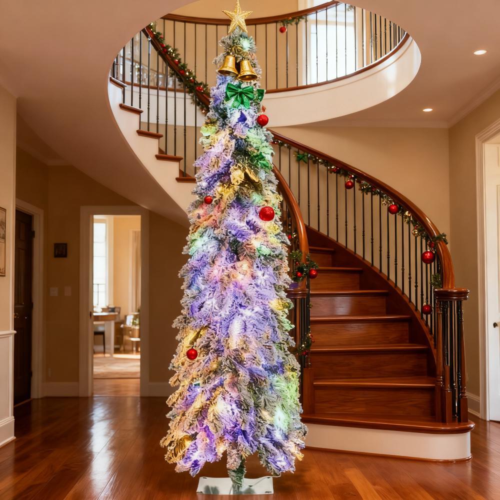 Downswept Shape Christmas Trees,Artificial Slim Christmas Trees,with Snow Frosted Branches, Warm White or Colorful LED Lights
