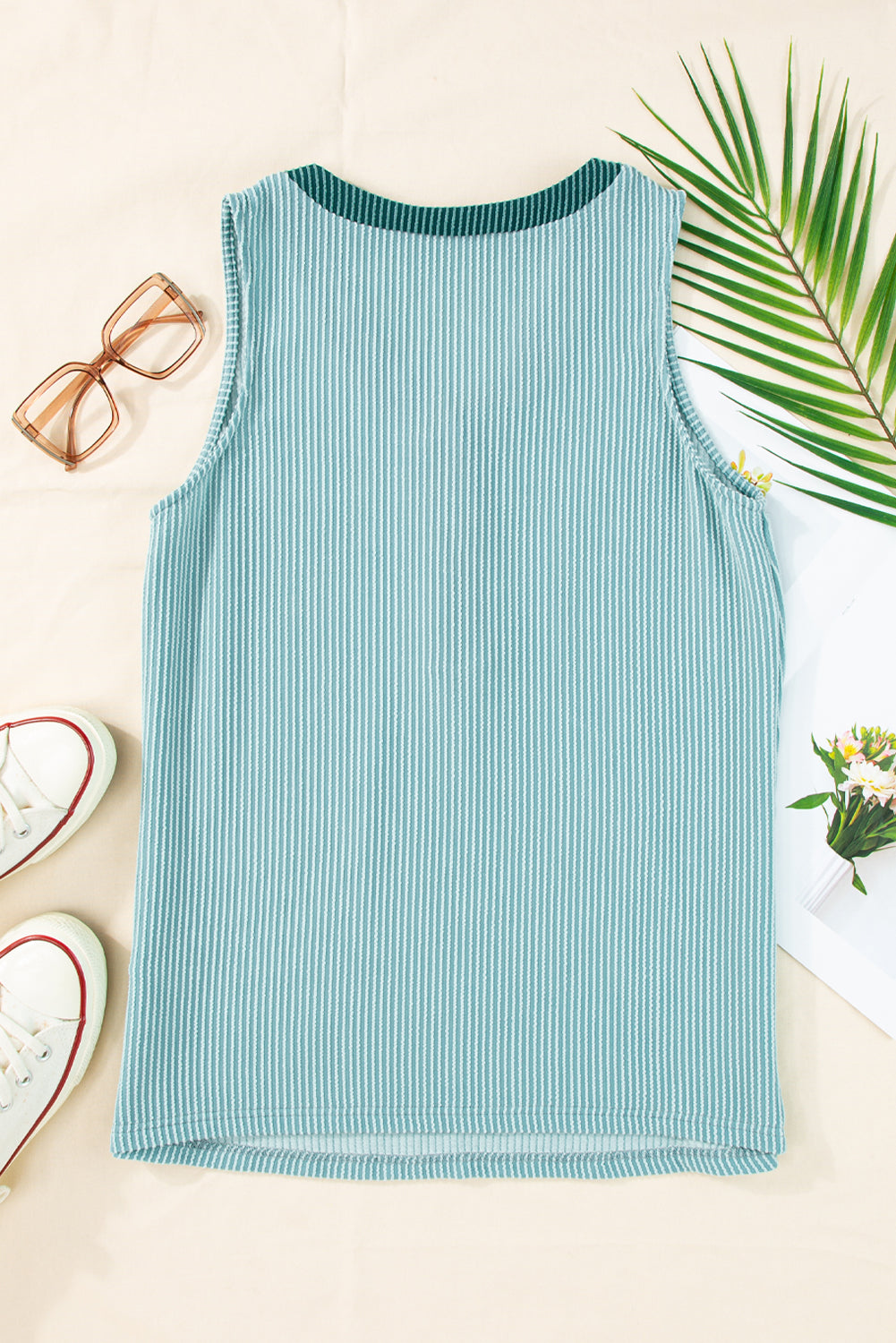 Mint Green Button Contrast V Neck Corded Tank Top - Eloy Royal