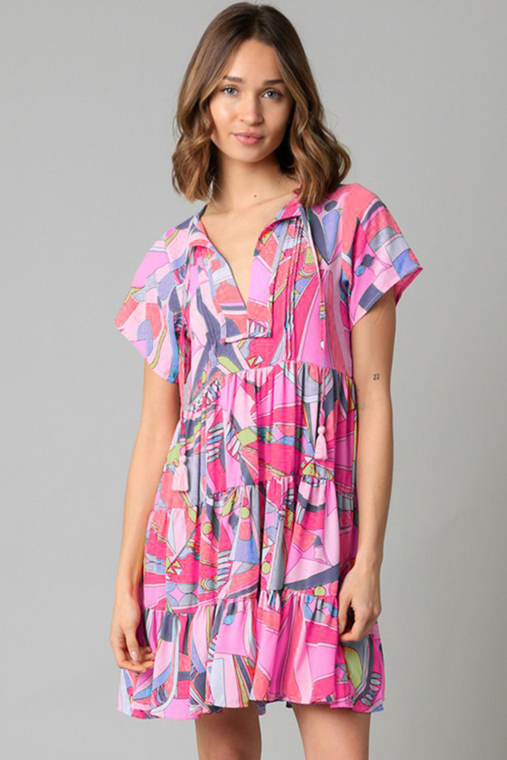 Multicolor Abstract Print Split V Neck Short Sleeve Tiered Dress - Eloy Royal