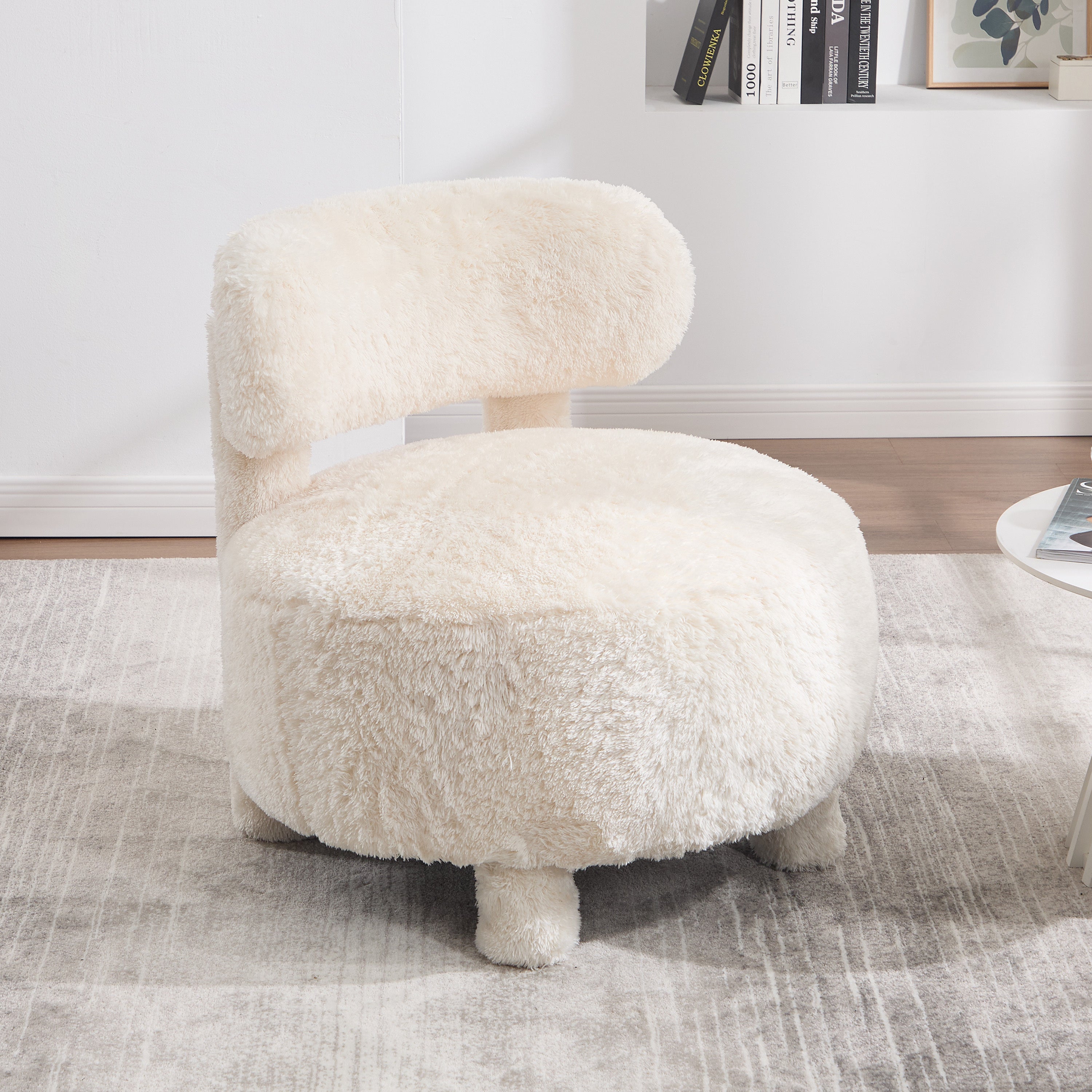 063-Fur Fabric armless accent chair with curved backrest and solid wooden legs upholstered chair slipper side chair  for primary living space bedroom vanity room or reading room ,White