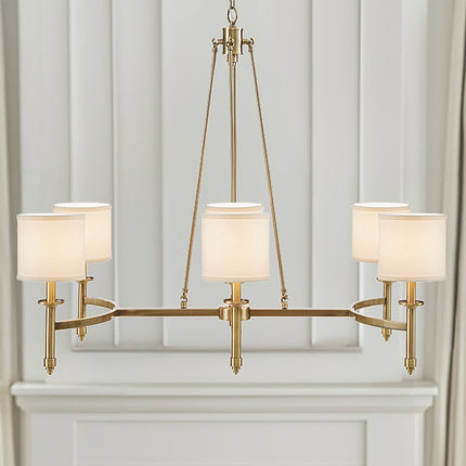 6-light Chandelier with Fabric Drum Shades Antique Gold See below