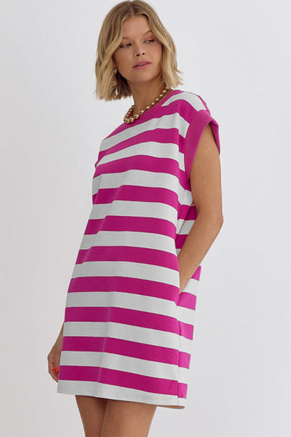 Rose Stripe Cap Sleeve Pocketed T-shirt Dress - Eloy Royal