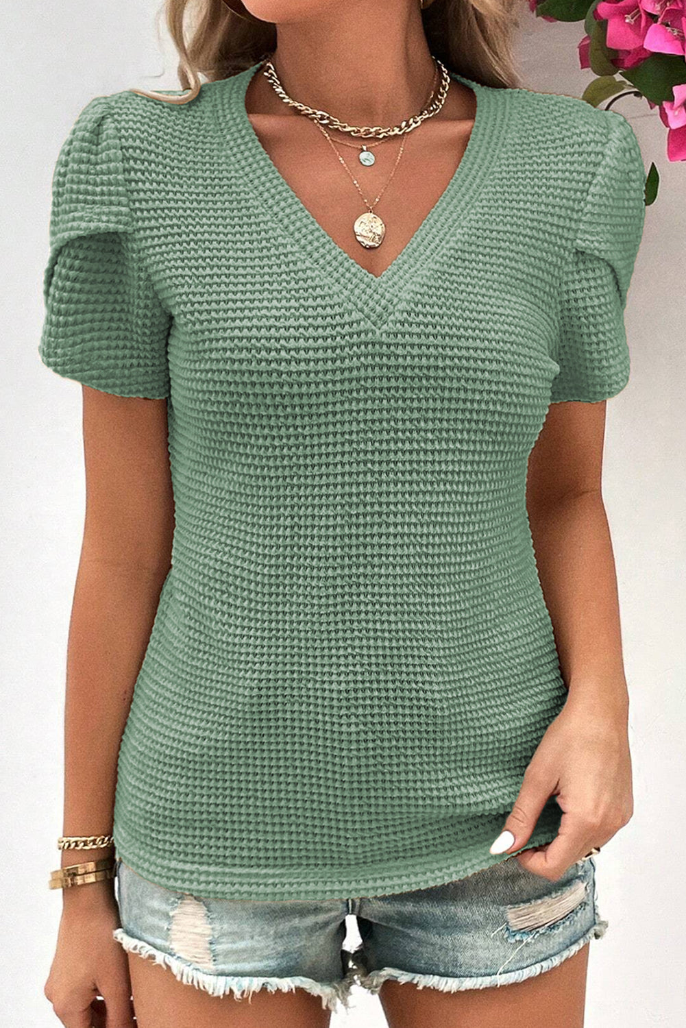 Mist Green Tulip Sleeve Waffle Knit V Neck T-Shirt - Eloy Royal