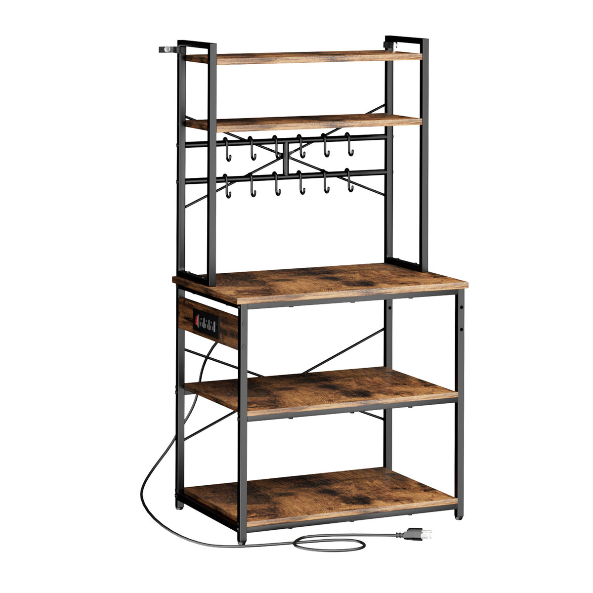 Kitchen Bakers Rack, 5 ft Power Cable Bakers Rack with Power Outlet, Kitchen Stand with X-Shaped Support Bar, 12 S-Shaped Hooks, Coffee Bar Stand for Dishes, Spice Bottles, Built-In Power Strip