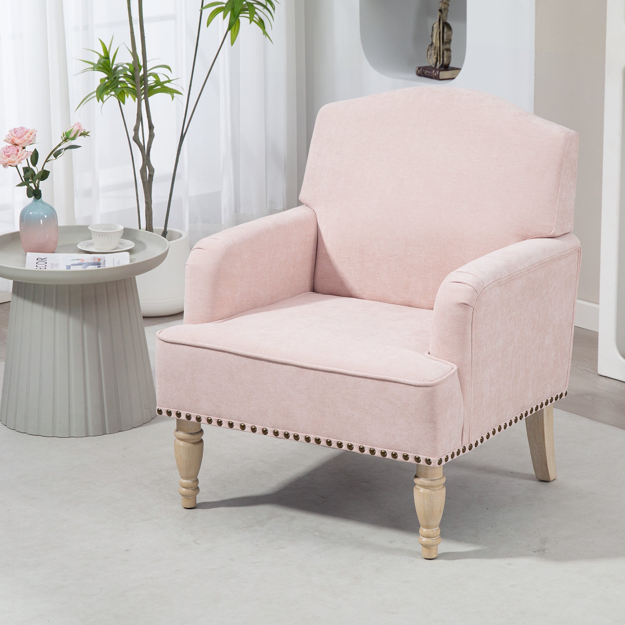 Modern Accent Chair with Retro Wooden Legs & Nailhead Trim, Small Fabric Club Chair, Comfy Upholstered Armchair Lounge Chair for Bedroom Living Room Single Sofa,Holds 300lbs(Pink)