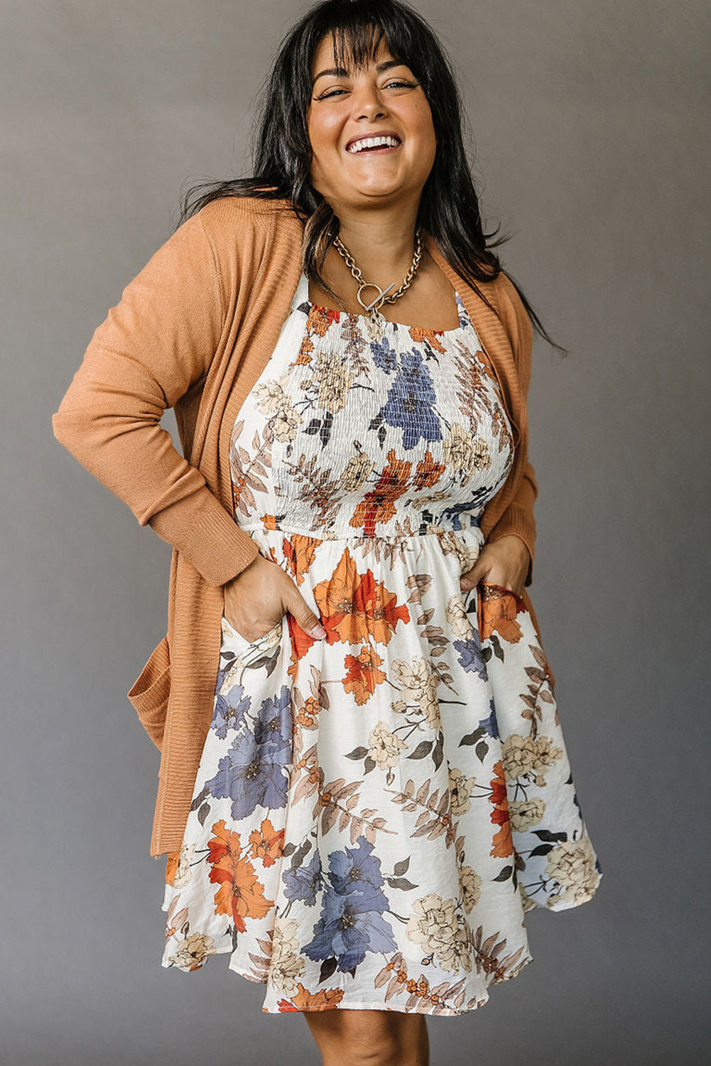 White Floral Smocked Flared Plus Size Dress - Eloy Royal