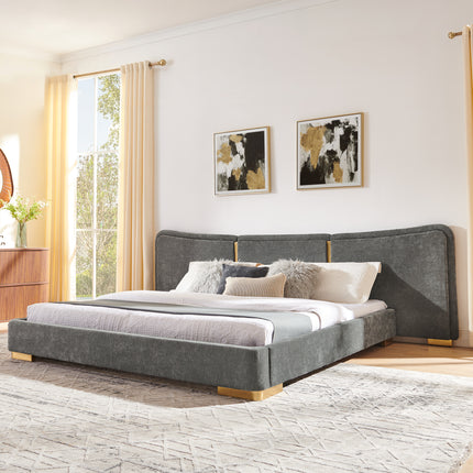 King Size Extra Large Platform Bed, Soft Chenille Fabric Frame, Curved Headboard, Reinforced Electroplated Metal Legs, Flexible DIY Side Space Design-Dark Gray