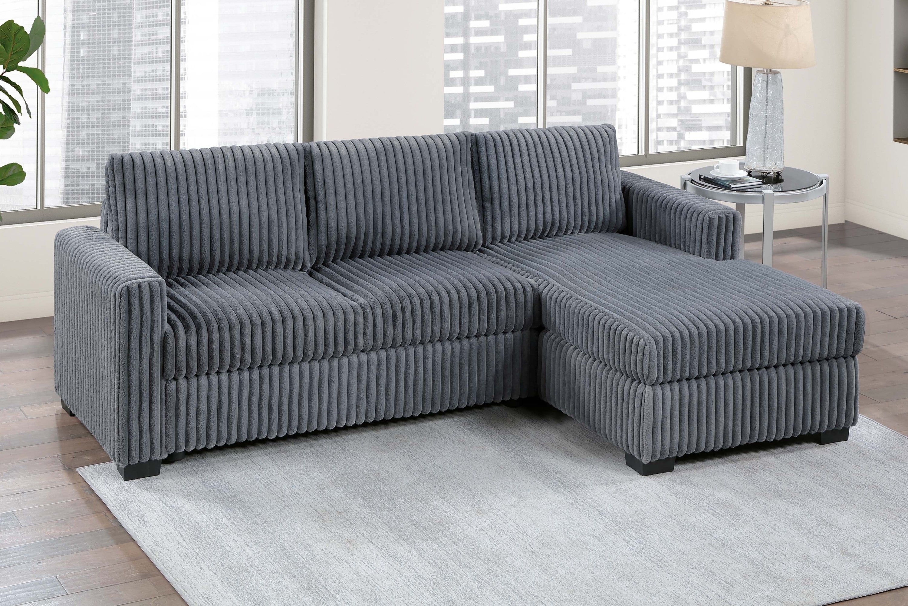 Modern Contemporary Style 2pc Sectional Sofa Right Arm Chaise Left Arm Sofa Plastic Legs Corduroy Upholstered Dark Gray Finish Primary Living Room