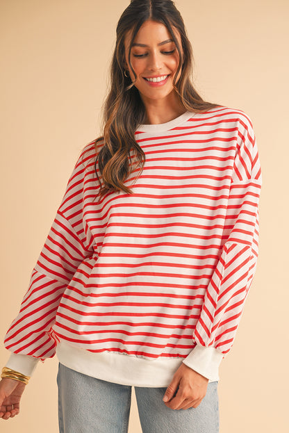 Blue Stripe Drop Shoulder Crew Neck Loose Sweatshirt