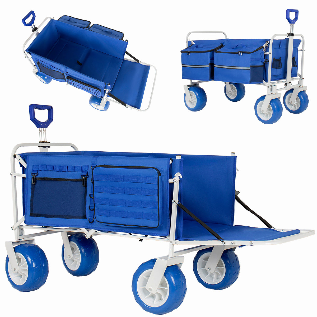 Beach Wagon Cart with Opened Tailgate and 9' All-Terrain Wheels, 500lbs Heavy Duty Collapsible Folding Wagon, Adjustable Handle, Cooler & Storage Bags for Beach, Camping, Garden & Outdoor Sports, Blue