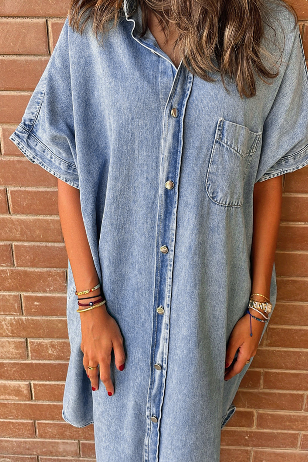 Light Blue Vintage Wash Loose Denim Shirt Dress - Eloy Royal