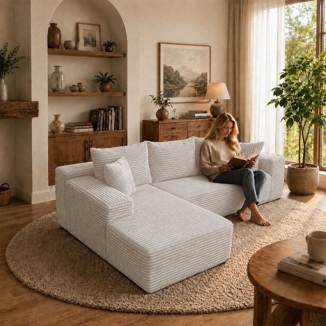 Modern Grey L-Shaped Sectional Sofa with Left-Facing Chaise Lounge, 3-Seater Corduroy Couch with Compressed Sponge Filling for Living Room, Apartment, or Office
