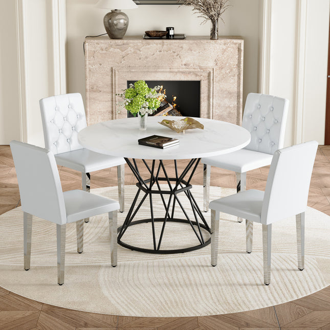 Table and chair set. A circular white MDF dining table with a diameter of 47.3 inches,black hourglass shaped metal brackets.Paired with 4 white PU dining chairs: ergonomic buckle backrest.
