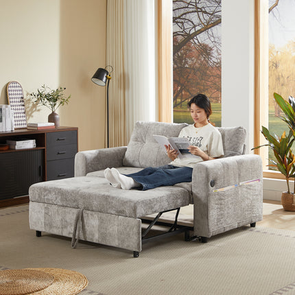 Modern Tufted Gray Sofa Bed with USB Charging Port & Side Storage Pockets, Convertible Couch for Living Room or Guest Room, Grey Chenille Fabric