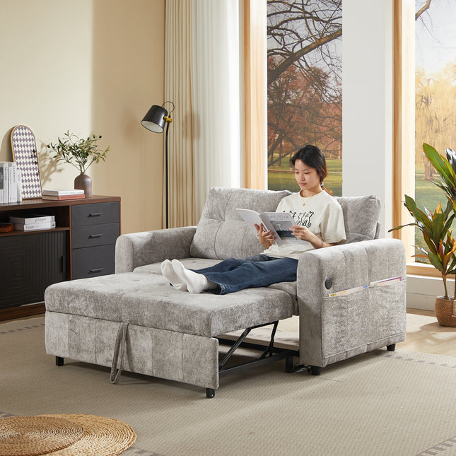 Modern Tufted Gray Sofa Bed with USB Charging Port & Side Storage Pockets, Convertible Couch for Living Room or Guest Room, Grey Chenille Fabric