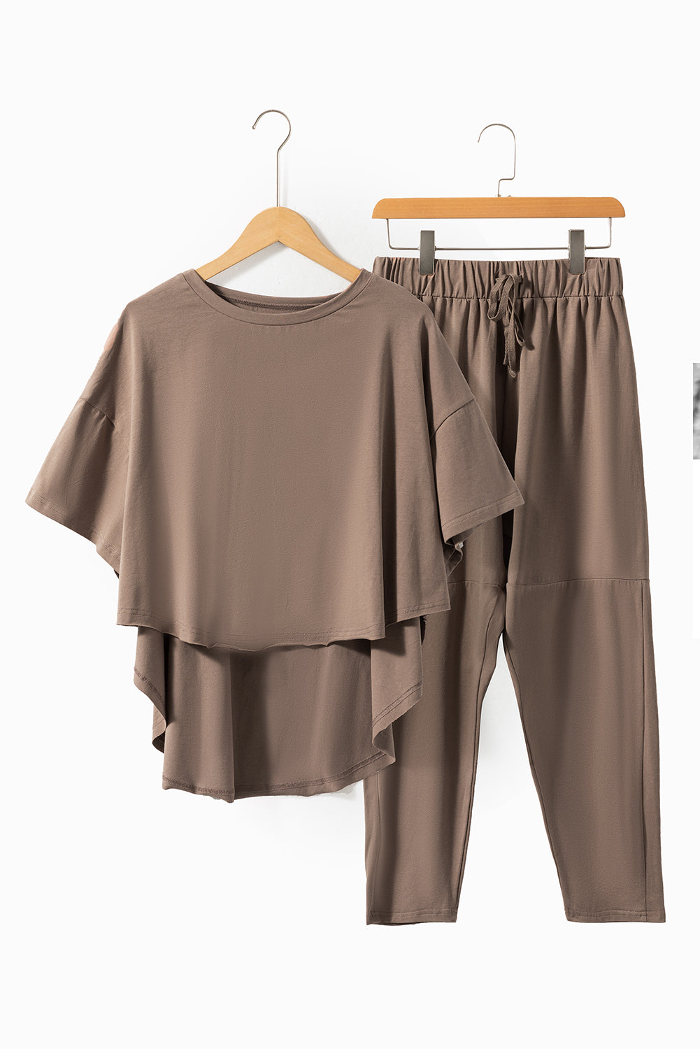 Taupe Batwing Sleeve High Low Tee and Drawstring Crop Pants Set - Eloy Royal