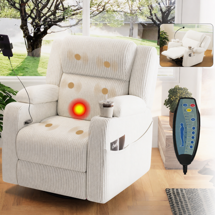 Electric Power Recliner Chair with Heat and Massage, 270° Swivel Rocker Recliner with Phone Holder & USB Ports, Power Nursery Glider with Hidden Storage, Side Pockets, Cup Holder, Beige