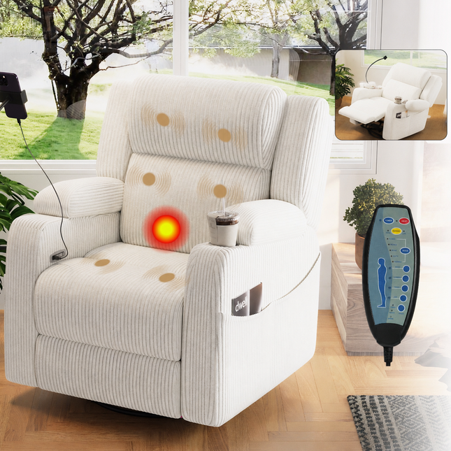 Electric Power Recliner Chair with Heat and Massage, 270° Swivel Rocker Recliner with Phone Holder & USB Ports, Power Nursery Glider with Hidden Storage, Side Pockets, Cup Holder, Beige