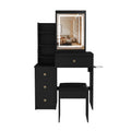 Modern Vanity Desk with 3 LED Lighting Modes, 4 Drawers, Open Shelves, Hair Dryer Holder & Power Socket, Black MDF Dressing Table Set with Chair